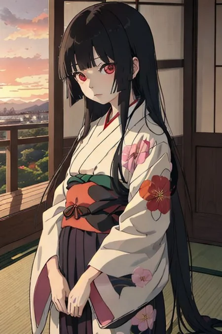 enma_ai <lora:em_ai_v1:1>, masterpiece, best quality, 1girl, solo, enma ai, black kimono, floral print, japanese clothes, sunset, twilight, beautiful, gravure, hime_cut, blunt_bangs, very_long_hair, shouji, window, tatami, scenery, cinematic lighting, <lora:add_detail:1>, masterpiece, best quality, perfect composition, <lyco:GoodHands-beta2:1.0>
Negative prompt