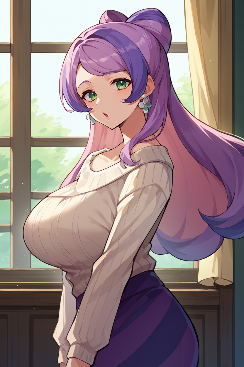 score_9, score_8_up, score_7_up, score_6_up, source_anime BREAK 1girl, mature female  <lora:pkmnmiriam-pdxl-nvwls-v1-000004:1> miriam, green eyes, multicolored hair, earrings, white sweater, purple skirt, striped skirt, large breasts, looking at viewer, chestnut mouth, from side, window, office