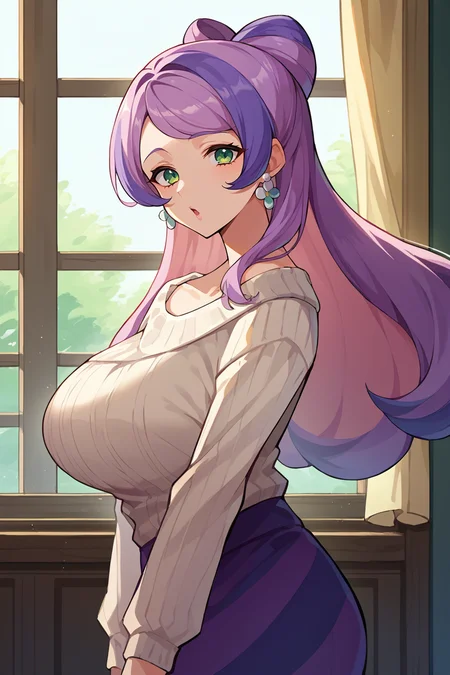 score_9, score_8_up, score_7_up, score_6_up, source_anime BREAK 1girl, mature female  <lora:pkmnmiriam-pdxl-nvwls-v1-000004:1> miriam, green eyes, multicolored hair, earrings, white sweater, purple skirt, striped skirt, large breasts, looking at viewer, chestnut mouth, from side, window, office