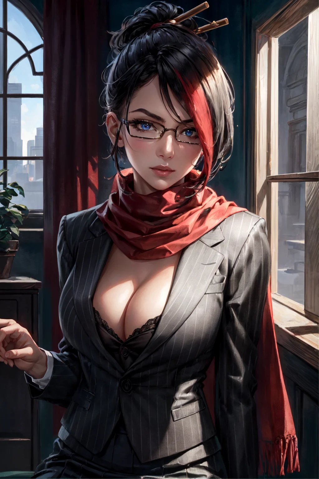 headmistress fiora, 1girl, pinstripe suit, skirt suit, red scarf, large breasts, solo, detailed face, looking at viewer, potrait, upper body, indoor, window, (masterpiece:1.2, best quality)