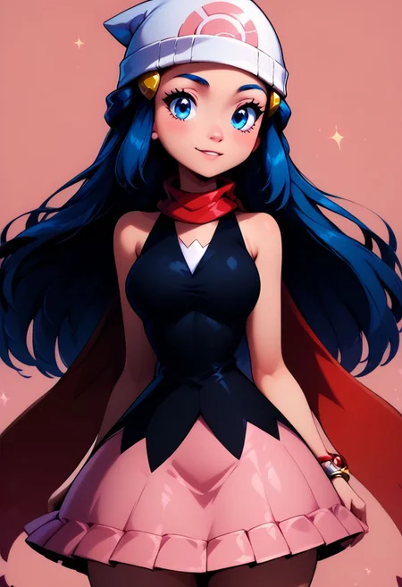 score_9, score_8_up, score_8, big breasts, (curvy), cute, eyelashes,
BREAK,
zzDawn, blue hair, blue eyes, sidelocks, long hair, bare shoulders, beanie, black shirt, black socks, bracelet, hat, jewelry, kneehighs, miniskirt, pink skirt, red scarf, scarf, shirt, skirt, sleeveless, sleeveless shirt, white headwear,
zPDXL,