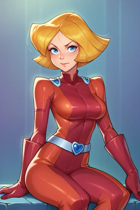 score_9, score_8_up, score_7_up, BREAK, <lora:bbcchan-guy-PONYv1:1> 1girl, solo, breasts, <lora:brj-tapedlipsXL-pony-v1:0.95> clover \(totally spies\), blonde hair, short hair, blue eyes, , red bodysuit, belt, sitting,