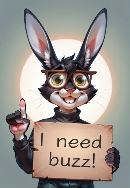 masterpiece, best quality, amazing quality, very aesthetic, absurdres, extremely detailed, newest, volumetric lighting, ((furry, anthro rabbit boy)), high quality, best quality, cowboy shot, sharp focus, male focus, solo, 1boy, rabbit boy, black hair, green eyes, animal ears, long rabbit ears, luscious fur, black fur, huge round prescription eyeglasses, whiskers, acting cute, acting shy, flirting, mikus-nerd, only head, round face, large front teeth, round lenses, raised eyebrows, awkward smile, nerd, index finger points up, ((portrait, turtleneck)), sfw, white fur on neck, "Need Buzz!", need_buzz, holding sign