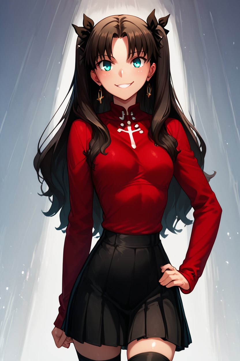 score_9, score_8_up, score_8, medium breasts, (curvy), cute, eyelashes,       BREAK, , BREAK, <lora:rin-tohsaka-ubw-ponyxl-lora-nochekaiser:0.8>, rin tohsaka, aqua eyes, black hair, hair ribbon, long hair, ribbon, sidelocks, two side up, parted bangs, black skirt, black thighhighs, long sleeves, miniskirt, pleated skirt, red sweater, skirt, sweater, thighhighs, turtleneck,, <lora:IncaseStyle_PDXL:1.0>, , BREAK,  smile, looking at viewer, cowboy shot,  embedding:zPDXL, Expressiveh, <lora:SDXLFaeTastic2400:0.5>,  <lora:Expressive_H-000001:0.4>,