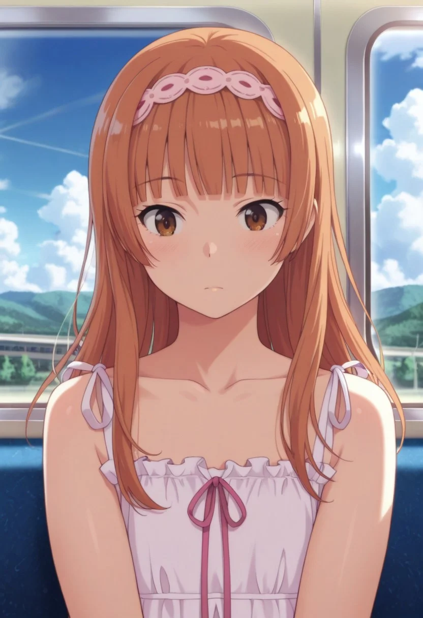 masterpiece,best quality,amazing quality, sumizome akemi, amber hair, long hair, brown eyes, solo,  hairband, 1girl, solo, collarbone, train interior, cloud, day, sky, window, crossdressing, blunt bangs