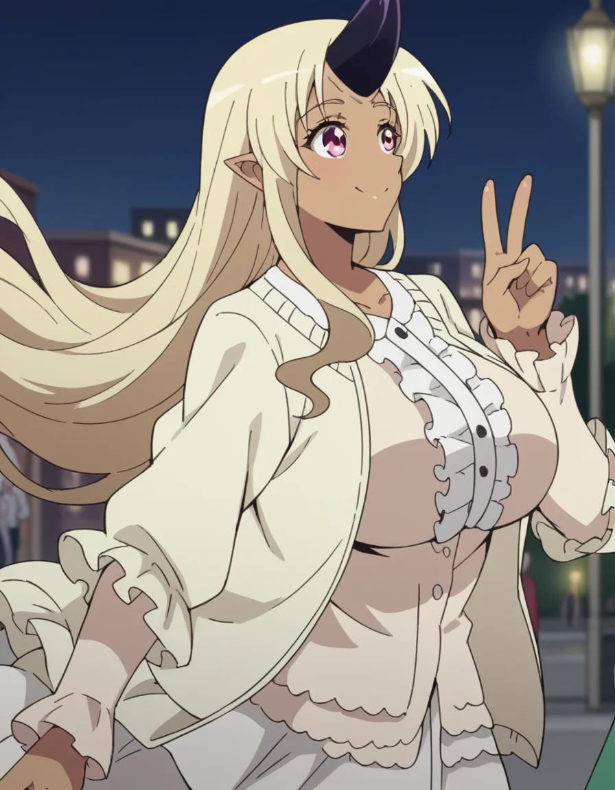 score_9, score_8_up, score_7_up, source_anime, <lora:tionishia-s1-ponyxl-lora-nochekaiser:1>, tionishia, long hair, blonde hair, very long hair, pink eyes, horns, pointy ears, dark skin, huge breasts, dark-skinned female, monster girl, single horn, tall female, frills, white dress, cardigan, centered frills,, city street, evening, streetlights, walking dog, quiet neighborhood, gentle breeze, smile, , v,, solo,, dutch angle,