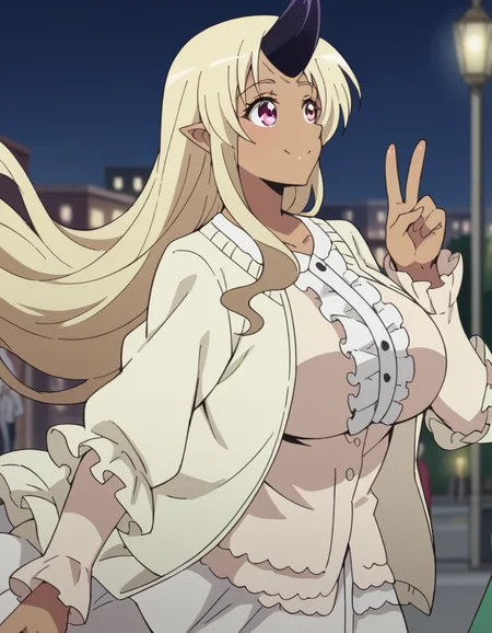 score_9, score_8_up, score_7_up, source_anime, <lora:tionishia-s1-ponyxl-lora-nochekaiser:1>, tionishia, long hair, blonde hair, very long hair, pink eyes, horns, pointy ears, dark skin, huge breasts, dark-skinned female, monster girl, single horn, tall female, frills, white dress, cardigan, centered frills,, city street, evening, streetlights, walking dog, quiet neighborhood, gentle breeze, smile, , v,, solo,, dutch angle,