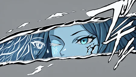 masterpiece, best quality, newest, absurdres, highres, letterboxed, sound effects, style parody, cut-in, simple background, border, <lora:PersonaCutIn_Noob_Incrs_v1-000008:1>, ranni the witch, extra faces, one eye closed, <lora:ExtraFaces_NoobAIXL_Incrs_v1_NoClip:1.3>, blue skin,