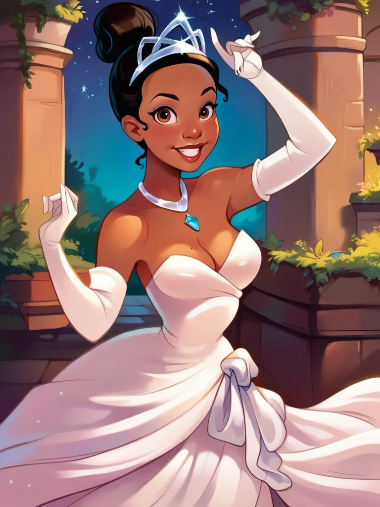 score_9, score_8_up, score_7_up, score_6_up, 1girl, hair bun, dark-skinned female, castle, strapless dress, white dress, long skirt, princess, necklace, elbow gloves, tiara, cleavage, curvy, medium breasts, narrow waist, wide hips, thick thighs, looking at viewer, dynamic angle, cowboy shot, dynamic pose, smile, cute, wide shot, realistic, cartoon, sexually suggestive, vegetation, night, lamppost, star \(sky\),
<lora:TianaXLP_character:1>TianaXLP