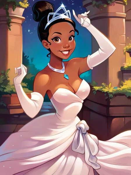 score_9, score_8_up, score_7_up, score_6_up, 1girl, hair bun, dark-skinned female, castle, strapless dress, white dress, long skirt, princess, necklace, elbow gloves, tiara, cleavage, curvy, medium breasts, narrow waist, wide hips, thick thighs, looking at viewer, dynamic angle, cowboy shot, dynamic pose, smile, cute, wide shot, realistic, cartoon, sexually suggestive, vegetation, night, lamppost, star \(sky\), 
 <lora:TianaXLP_character:1>TianaXLP