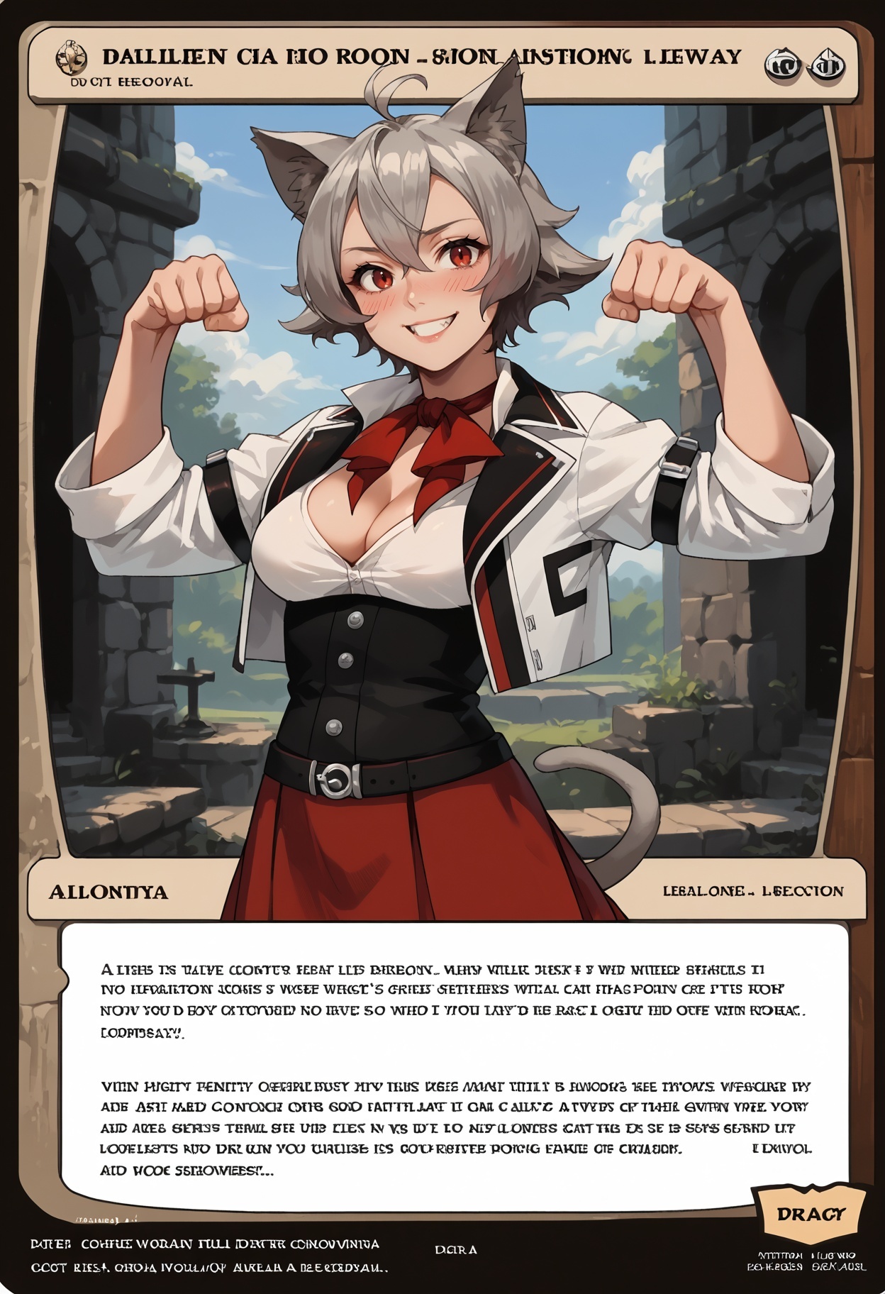 c4rd,english text,character name,
 paw pose, blush, smile,
liniadeldodia, medium breasts, slit pupils, cat ears, tail, short hair, ahoge , red neckerchief, white cropped jacket, arm belt, collared shirt, cleavage, black corset, red skirt, black belt, white socks, boots
,score_9,score_8_up,score_7_up, source_anime,
 <lora:MTG_card_v2:1>     <lora:Hoseki_MushokuTensei_LiniaDedoldia_PDXL_v1:1>
