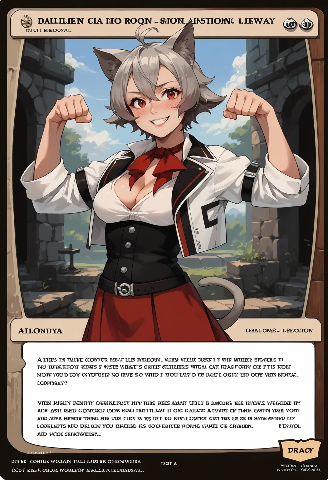 c4rd,english text,character name,
paw pose, blush, smile,
liniadeldodia, medium breasts, slit pupils, cat ears, tail, short hair, ahoge , red neckerchief, white cropped jacket, arm belt, collared shirt, cleavage, black corset, red skirt, black belt, white socks, boots
,score_9,score_8_up,score_7_up, source_anime,
<lora:MTG_card_v2:1> <lora:Hoseki_MushokuTensei_LiniaDedoldia_PDXL_v1:1>