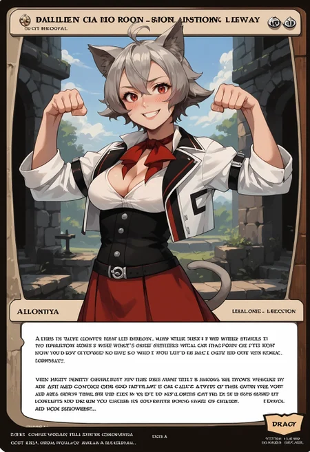 c4rd,english text,character name,
paw pose, blush, smile,
liniadeldodia, medium breasts, slit pupils, cat ears, tail, short hair, ahoge , red neckerchief, white cropped jacket, arm belt, collared shirt, cleavage, black corset, red skirt, black belt, white socks, boots
,score_9,score_8_up,score_7_up, source_anime,
<lora:MTG_card_v2:1> <lora:Hoseki_MushokuTensei_LiniaDedoldia_PDXL_v1:1>