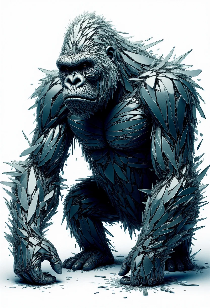 <lora:Glass_Fracture_Former_FLUX-000017:0.9>
This is a digital artwork featuring a stylized, surreal image of a gorilla made entirely of shattered glass.
