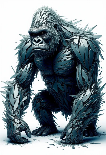 <lora:Glass_Fracture_Former_FLUX-000017:0.9>
This is a digital artwork featuring a stylized, surreal image of a gorilla made entirely of shattered glass.