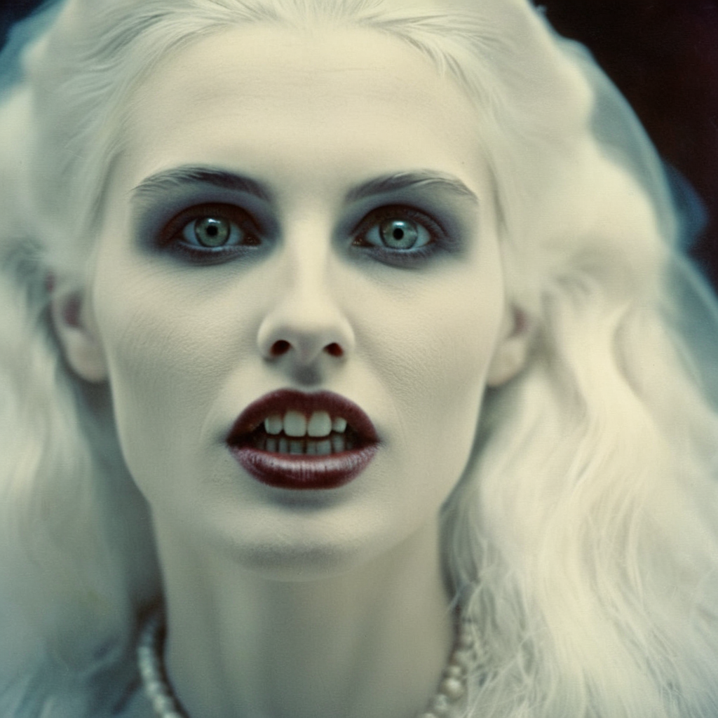 analog film photo of  <lora:Female Vampire 2:1.2>
Female Vampire a pale ice cold skin vampire woman with white hair and a white face and reflective eyes  in year 1897, faded film, desaturated, 35mm photo, grainy, vignette, vintage, Kodachrome, Lomography, stained, highly detailed, found footage