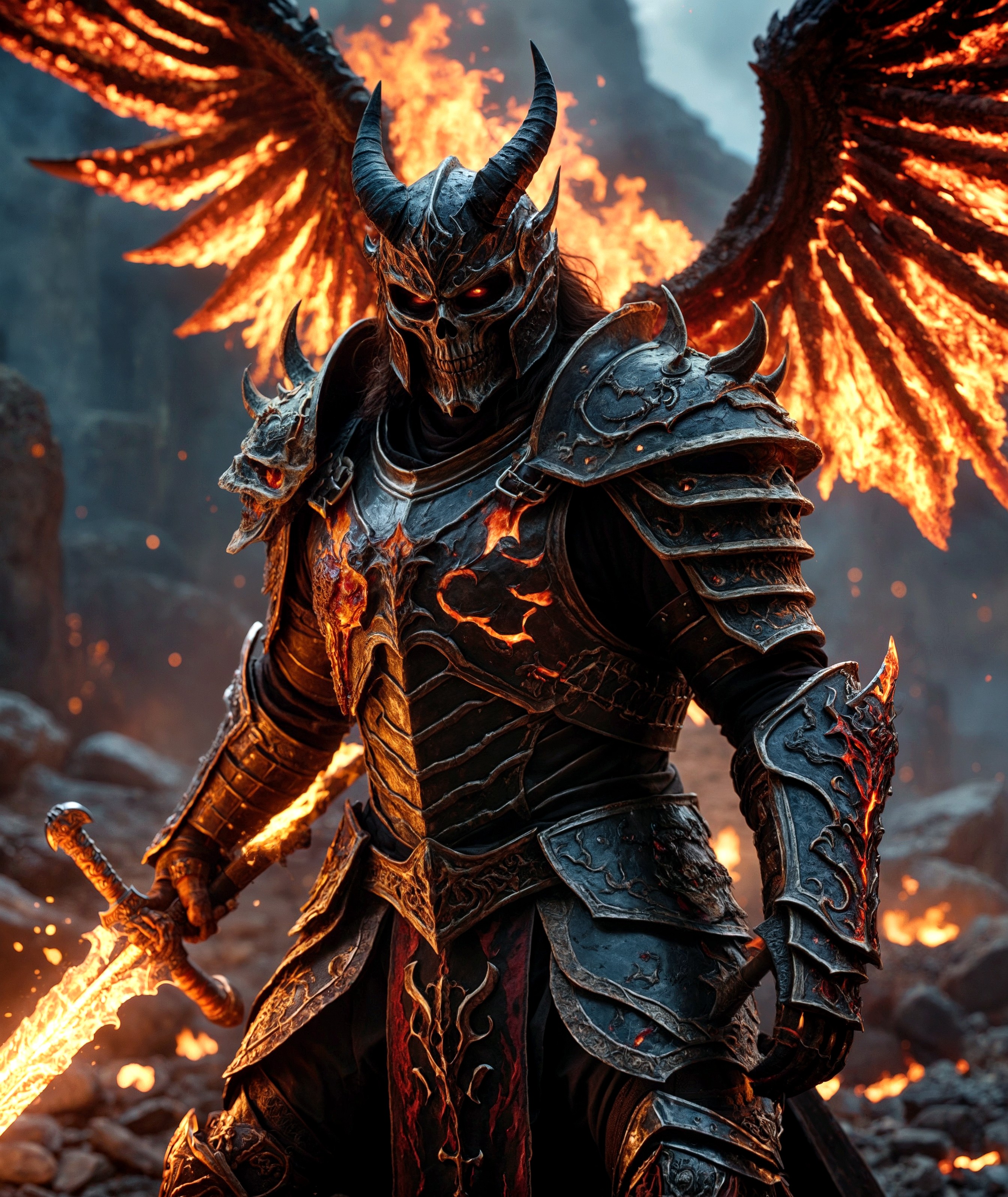 cinematic photo wide shot of a demonic demon warlord, wearing a black and fiery full plate armor,(swinging a massive flaming sword in front of him) fires of hell, chitinous skin, scars, wings, fighting pose, bones, blood splats, rocky battlefield, epic, extreme close-up portrait, extremely detailed, masterpiece, 4k resolution, volumetric lighting, film grain, award winning art, cinematic photorealistic, 8k uhd natural lighting, raw, rich, intricate details, key visual, atmospheric lighting, 35mm photograph, film, bokeh, professional, 4k, highly detailed <lora:d\EnvyZoomSliderXL01:-1.1>, cinematic, colorful background, concept art, 8k, dramatic lighting, high detail, highly detailed, hyper realistic, intricate, intricate sharp details, octane render, smooth, studio lighting, trending on artstation., cinematic photorealistic, 8k uhd natural lighting, raw, rich, intricate details, key visual, atmospheric lighting, 35mm photograph, film, bokeh, professional, 4k, highly detailed . 35mm photograph, film, bokeh, professional, 4k, highly detailed , (evil skeletal grin).