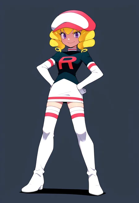 masterpiece, best quality, very aesthetic, absurdres,
1girl, domino, blonde hair, purple eyes, drill hair,
team rocket, thighhighs, team rocket uniform, hat, skirt, thigh boots, elbow gloves,
standing, full body, hands on hips,
smile, looking at viewer, solo, simple background, <lora:DominoNoobXL_byKonan:1>
