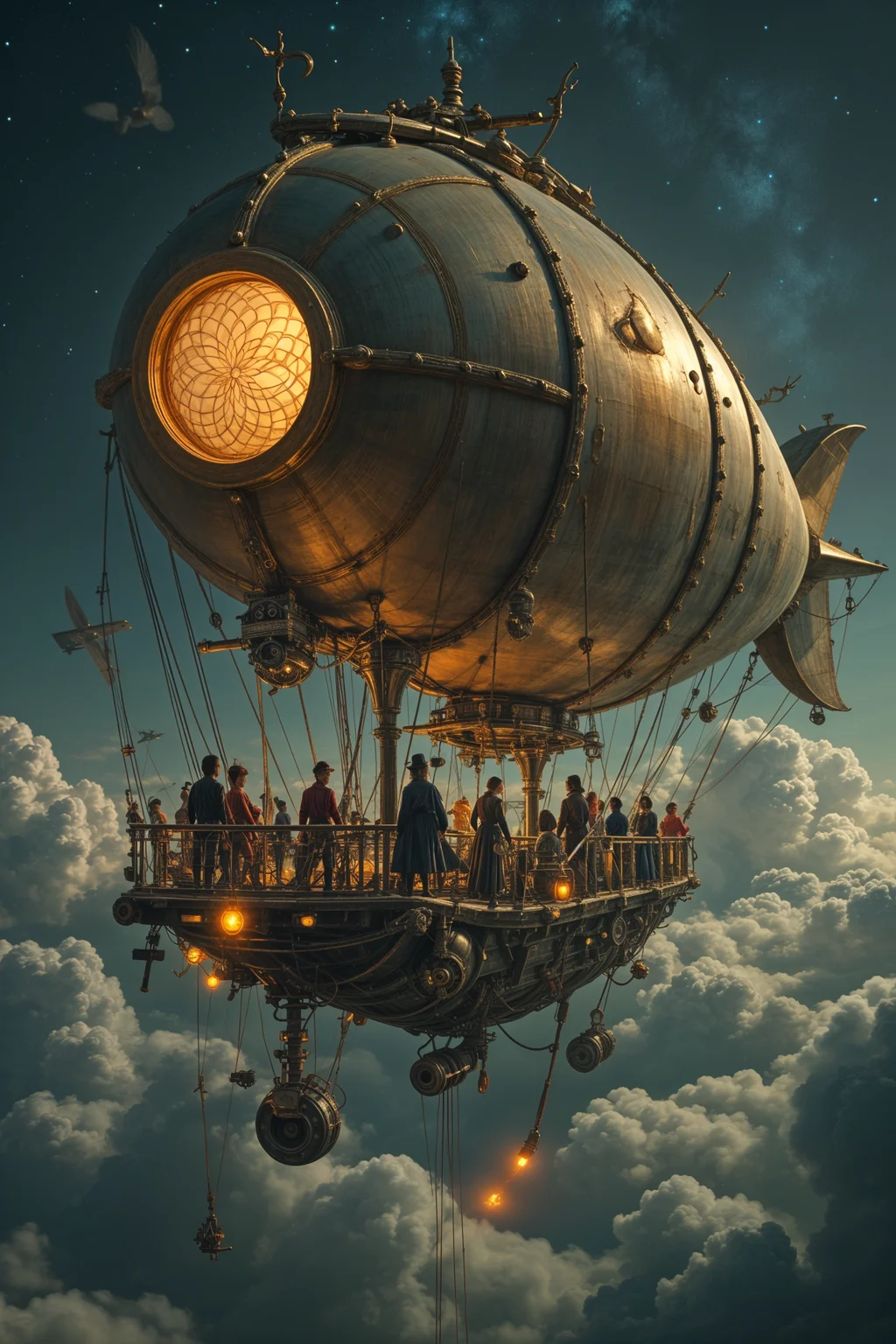 Massive steampunk airship with intricate brass details, hovering above clouds in a starry night sky. The ship features a large, orb-like balloon with glowing windows revealing a warm, elaborate interior. Passengers on the deck wear vintage Victorian attire, surrounded by pipes, gears, and ornate designs