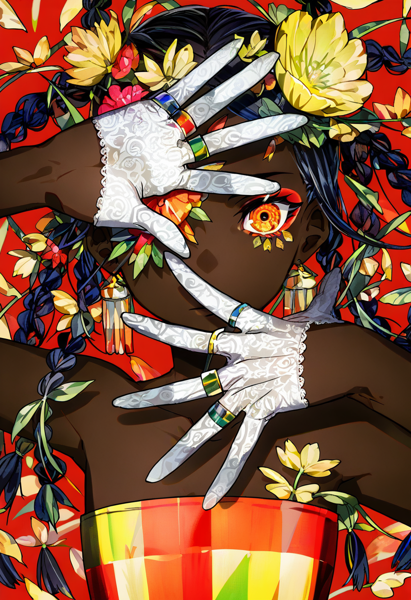 1girl, dark skin, dark-skinned female, flower, solo, yellow flower, jewelry, braid, ring, hair ornament, gloves, lace, looking at viewer, hair flower, white gloves, lace trim, upper body, red flower, red background, orange eyes, black hair, earrings, very dark skin, eyelashes, orange flower, multiple braids, long hair, one eye covered, leaf, bare shoulders, hands up, hand up, petals, plant, colorful, strapless <lora:mikaXL_NBVP1_lokr_V6311PZ:0.95>