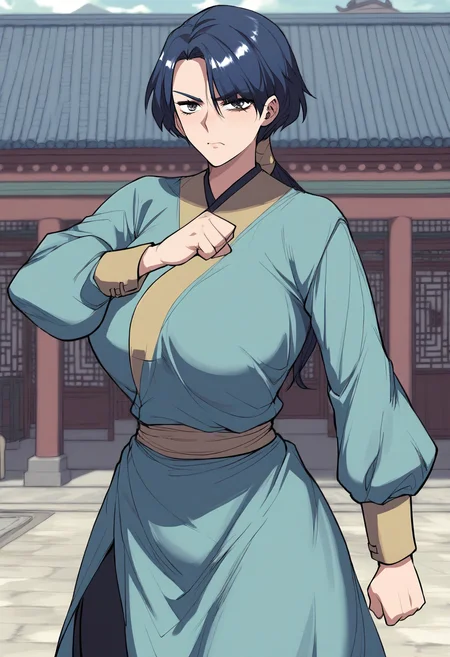 score_9, score_8_up, score_7_up, score_6_up, source_anime, rating_explicit, 1girl, solo, huge breasts, <lora:Nangong Soyu prefectPonyxl:0.85> low ponytail, hair tube, blue hair, long hair, grey eyes, short hair, chinese clothes, blue dress, long sleeves, sash, black pants, serious, village, outdoors, looking at viewer, fighting stance, clenched hand, east asian architecture
