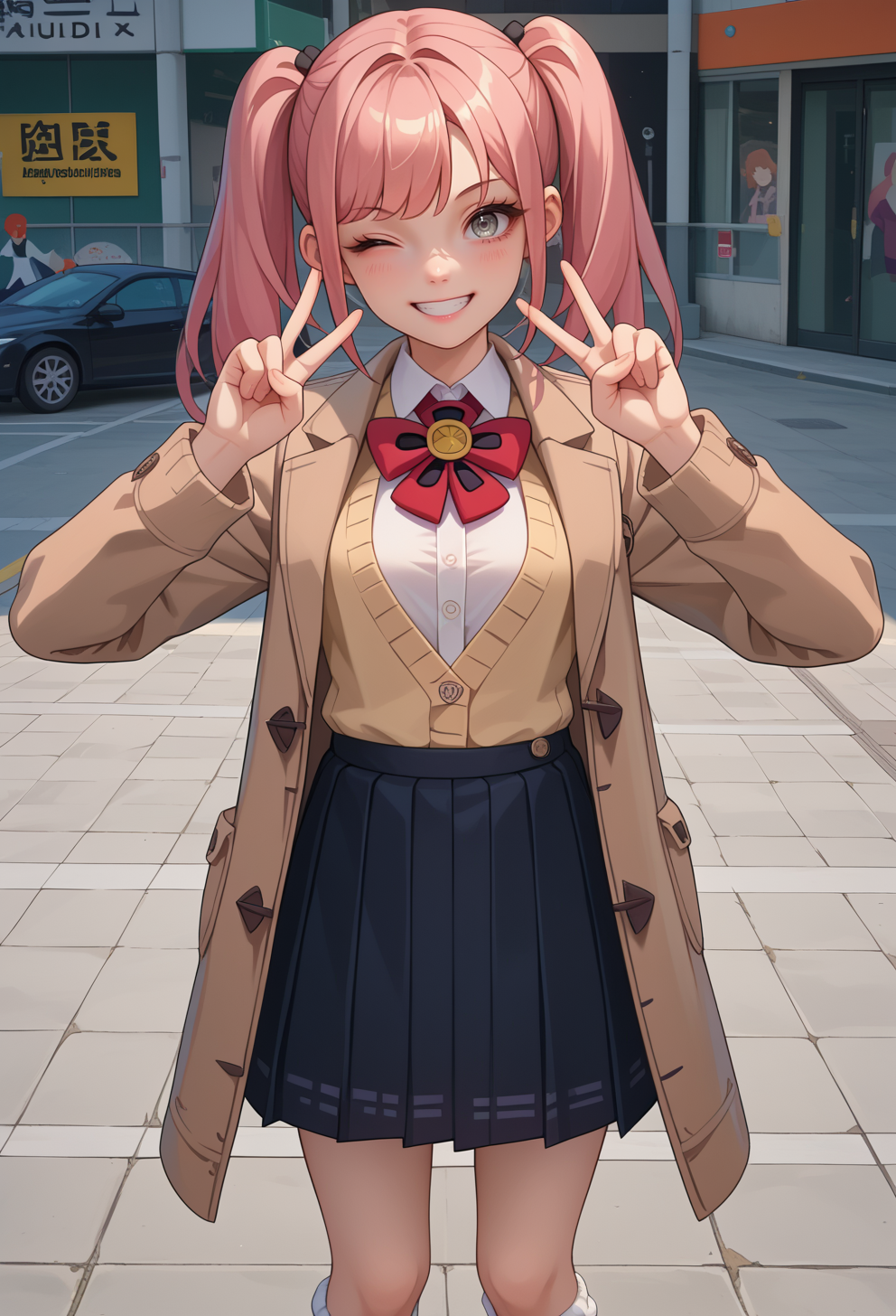 score_9, score_7_up, source_anime, BREAK  <lora:AEIda:0.7> AEIlda, grey eyes, long hair, pink hair, twintails, brown coat, cardigan, open coat, long sleeves, collared shirt, white shirt, red bowtie, black skirt, pleated skirt, loose socks, white socks, black footwear, loafers,
smile, wink, double v,