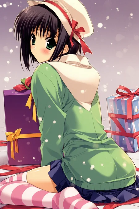 1girl,solo,thighhighs,striped,white hat,green eyes,pink striped thighhighs,black hair,skirt,sitting,short hair,ribbon,wariza,gift,zettai ryouiki,looking back,blush,old version,snowing,<lora:Suzuhira Hiro_XL:0.8>,