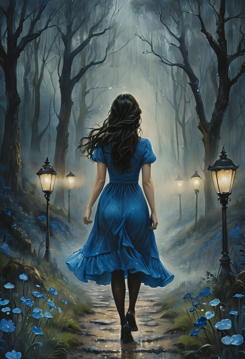 (water-colored), illustration, style of Jessica Galbreth,
(far view, far shot, rear view, facing away:1.3),
(Alice, woman walking on a trail, very long dark brown hair,  hair rim lighting, hair in the wind, blue maid dress with short sleeves, black tights, black shoes:1.5), 
fog, dreamy, dream,
(at night, forest, raining, heavy rain, rain drop), (huge fantasy house, street lamps:1.6)
