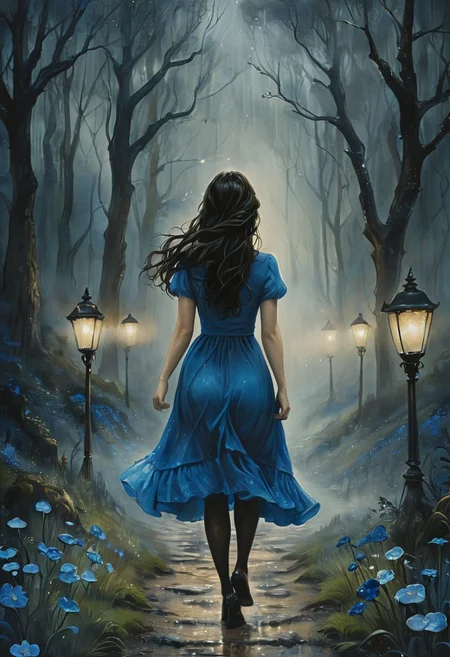 (water-colored), illustration, style of Jessica Galbreth,
(far view, far shot, rear view, facing away:1.3),
(Alice, woman walking on a trail, very long dark brown hair, hair rim lighting, hair in the wind, blue maid dress with short sleeves, black tights, black shoes:1.5),
fog, dreamy, dream,
(at night, forest, raining, heavy rain, rain drop), (huge fantasy house, street lamps:1.6)