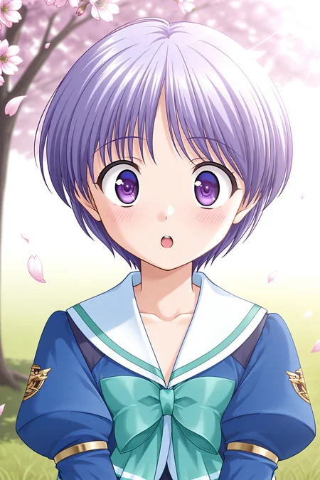 masterpiece, best quality, absurdres, official art, official style, rating general BREAK <lora:tachibanachihiro_IL_v1-3:0.7>, tachibana chihiro, 1girl, solo, purple eyes, light purple hair, short hair, bangs, flat chest, winter uniform, school uniform, serafuku, sailor collar, white sailor collar, green bowtie, blue jacket, emblem, collarbone, upper body, portrait, close-up, outdoors, sunlight, nature, day, tree, flower, cherry blossoms, petals, grass, glowing on backlight, blurry, depth of field,
blush, :o, looking at viewer, open mouth, surprised, wide-eyed