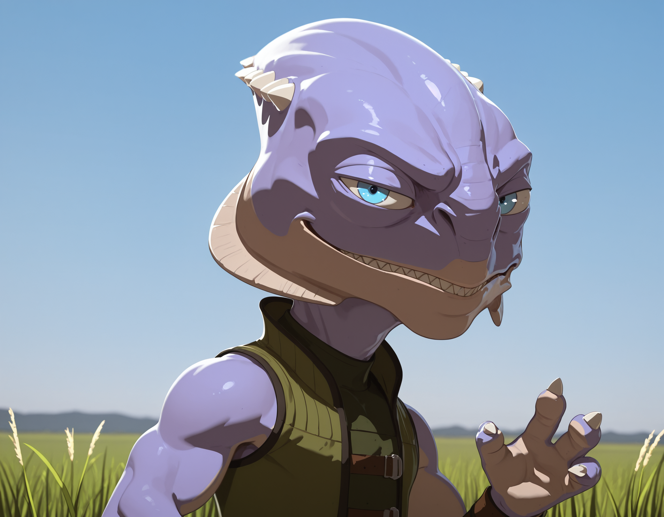	masterpiece, best quality, amazing quality, male, males only, male focus, male, solo, Grevel  , purple skin,  green outfit, blue eyes, shortstack males, claws (muscle )  grass, day time, Background, looking at viewer, male focus, smirk, close up, side angle, upper body only