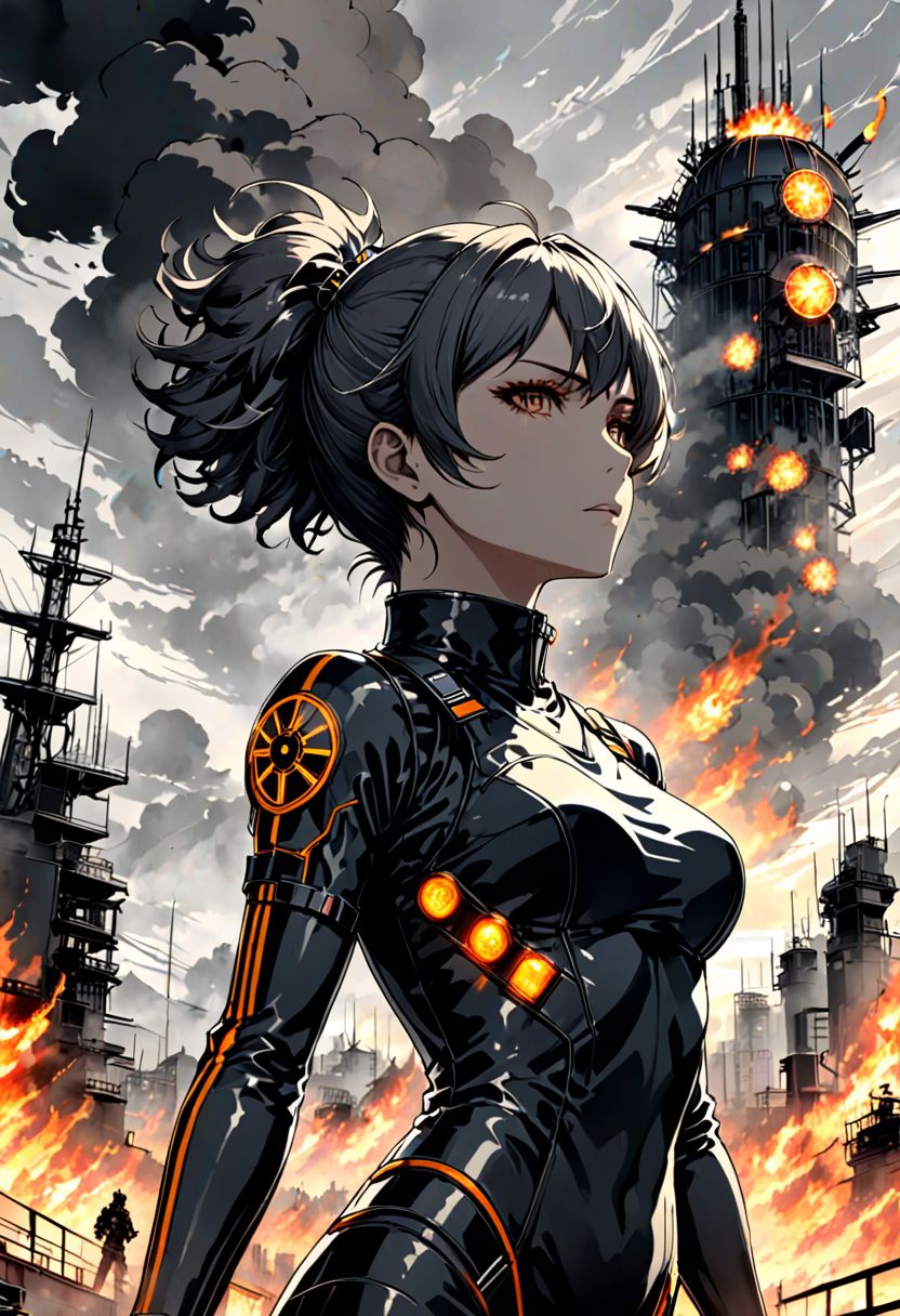 breathtaking atompunk person, dutch angle, outside with a rising sun under a sky with dark ominous clouds, commanding dangerous and alluring expression, high neck line top, epic battle with fires and smoke in the background, style of Cynthia Sheppard, style of Yoji Shinkawa, . award-winning, professional, highly detailed,
