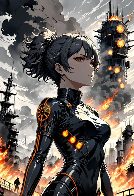 breathtaking atompunk person, dutch angle, outside with a rising sun under a sky with dark ominous clouds, commanding dangerous and alluring expression, high neck line top, epic battle with fires and smoke in the background, style of Cynthia Sheppard, style of Yoji Shinkawa, . award-winning, professional, highly detailed,