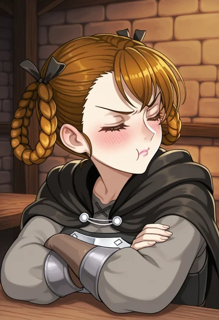 source_vanillaware,
close-up, tsundere, side profile,
1girl, solo,
LizaIL, Liza Unicorn Overlord,
closed eyes, brown hair, braided hair rings, hair rings, pink lips, black hairbows,
black cloak, gray shirt,
pouting, blushing, crossing arms,
medieval tavern, table in front,