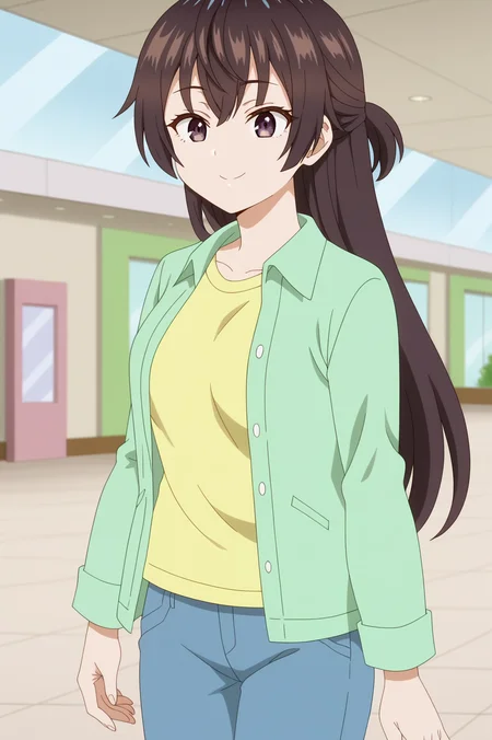 Yuki suou,anime screencap,1girl,solo,mature,long hair,green jacket, open clothes, yellow shirt, blue jeans,long sleeves,open clothes,mall,smiling,consistent background <lora:Yuki_Suou - PDXL2.safetensors:0.8>