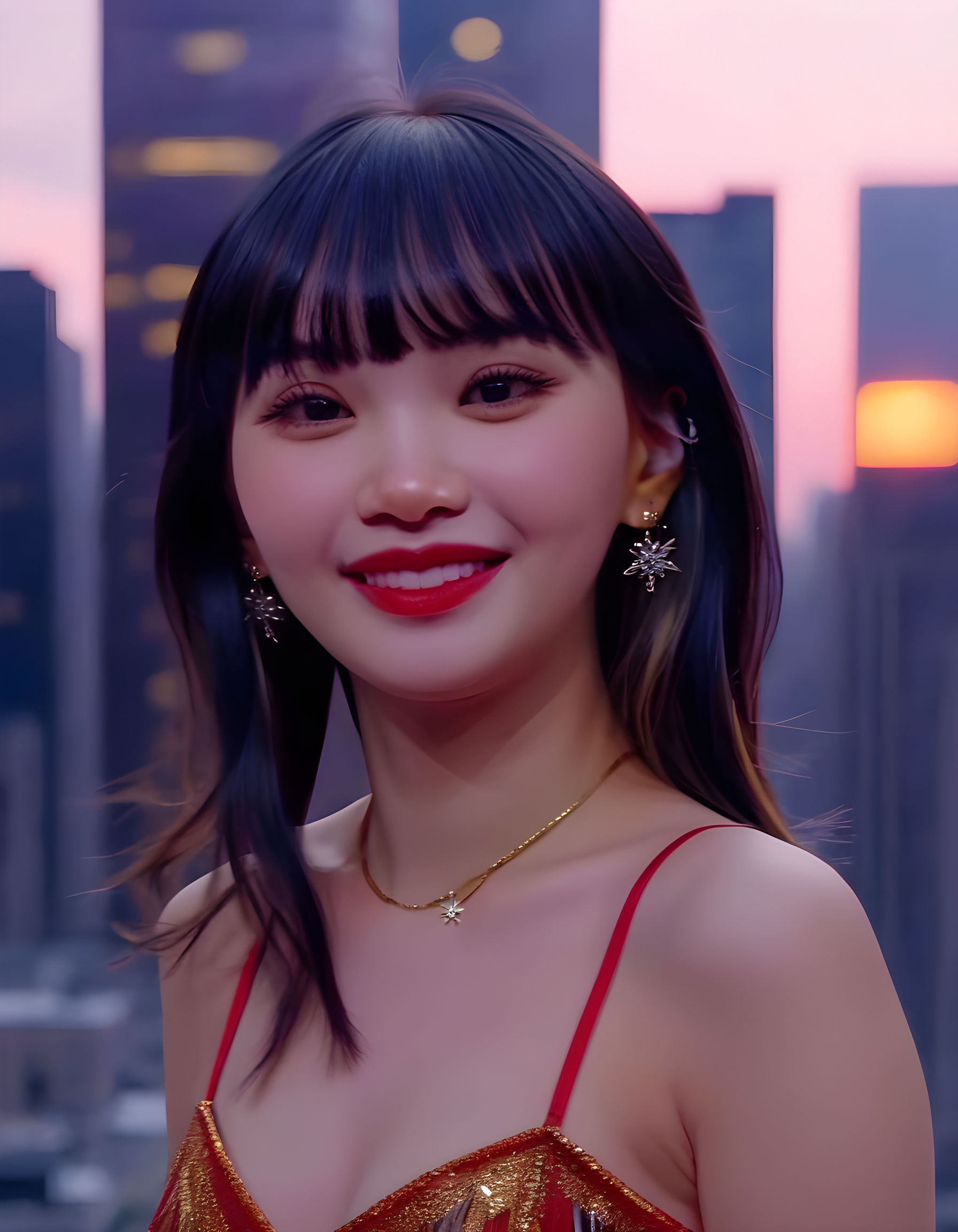 K1MCWYT, In a bustling urban square bathed in the warm, golden light of sunset, a captivating woman with black hair styled in blunt bangs and adorned with intricate earrings, wears a vibrant red dress that cascades around her, her lips painted a bold, matching hue. She stands against a backdrop of towering skyscrapers, their windows reflecting the last rays of the sun, and gazes directly at the viewer with an enigmatic smile, her eyes twinkling like stars in the twilight, as if inviting one into her world, frozen in a moment of pure, radiant allure.