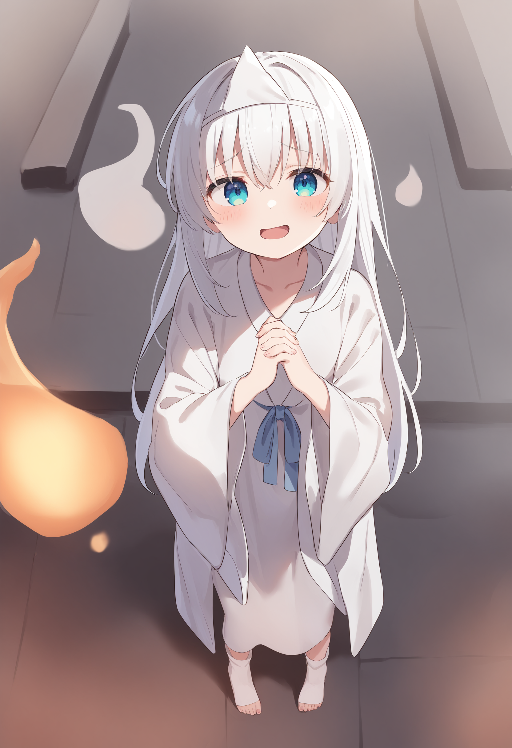 1girl,sincos, ningen mame, toosaka asagi,solo,medium breasts,
triangular headpiece, shiroshouzoku, hitodama, ghost pose,<lora:triangularheadpiece_XL_v1:0.9>
ghost,  white japanese clothes, long sleeves,  wide sleeves,ghost tail
from above, panorama shot, looking up, white hair, green eyes,evil smile, on pedestrian bridge, open mouth, disheveled hair,,
best quality, very aesthetic, absurdres