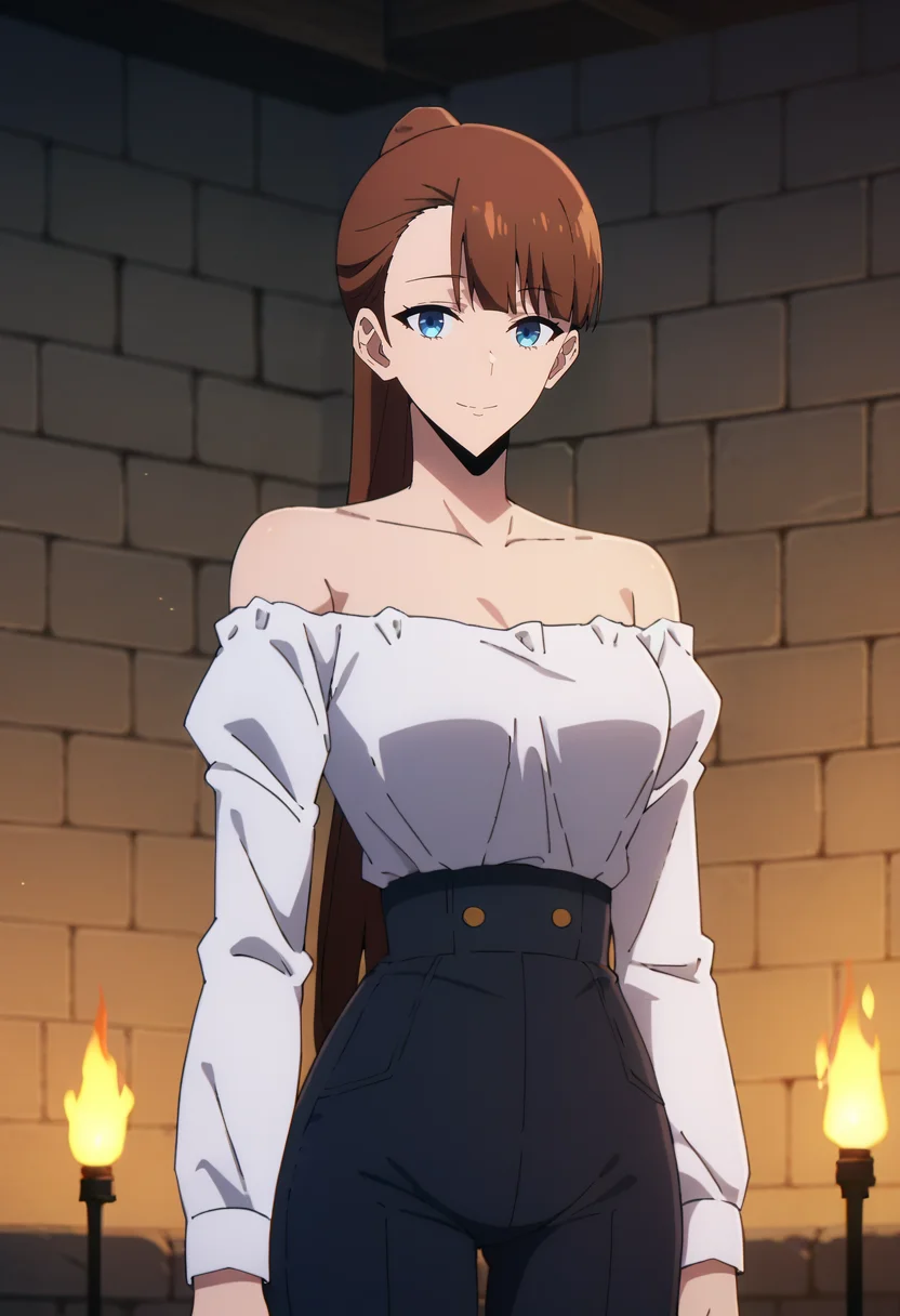 score_9, score_8_up, score_7_up,
<lora:SoloLeveling_LeeJooheeXL:0.8>, LeeJooHeeSL,
1girl, solo, closed mouth, light smile,
brown hair, long hair, blue eyes, blunt bangs, asymmetrical bangs, ponytail, floating hair,
JooHeeOutfit2, white shirt, (off shoulder:1.2), shirt tucked in, high-waist pants, long sleeves, 
standing, looking at the viewer,
indoors, dungeon, stone wall, wall, stone, blurry background, (blue fire, torch:1.2)