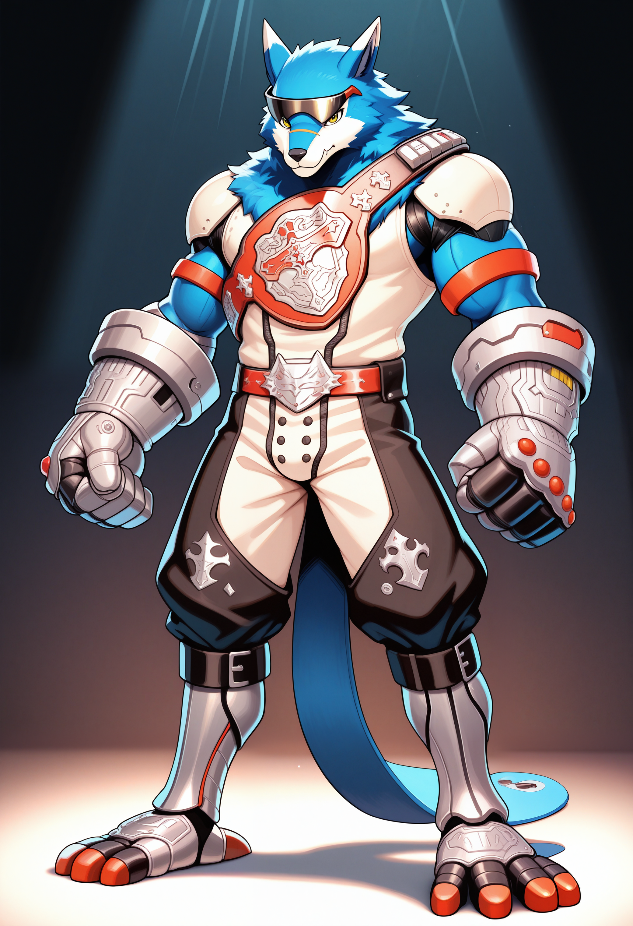 masterpiece,best quality,amazing quality, 1boy, m4ch, furry male, blue tail, champion belt, mechanical gloves, mechanical legs, pauldrons, sunglasses, full body,
