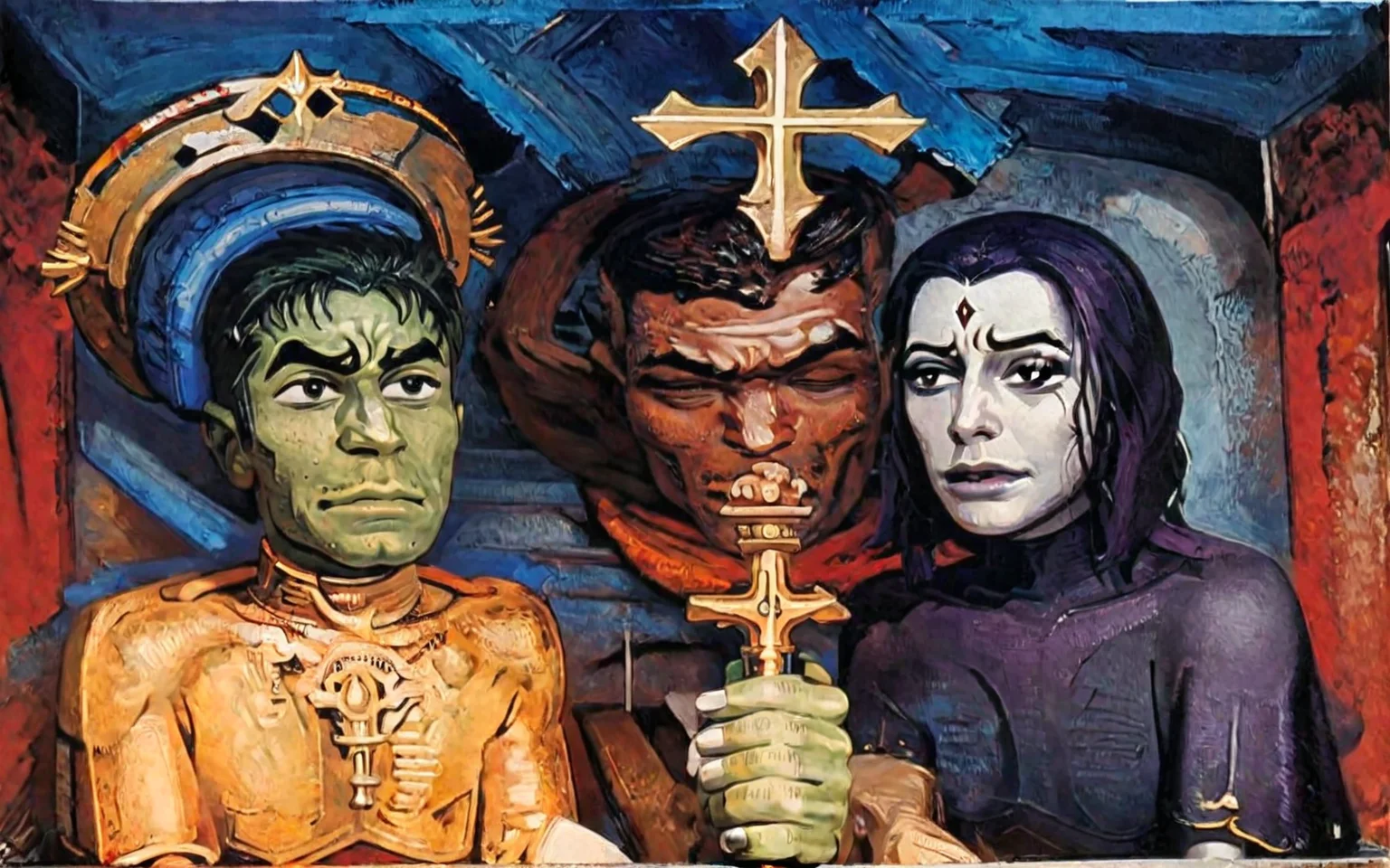 social realism \(style\),religious painting \(genre\) ,<lora:david-alfaro-siqueiros_pony_v1:1> ' bi mmf ' by Siqueiros David Alfaro in 1944, <lora:Beast_Boy_and_Raven_-_Bi_MMF:1> , colored skin, hetero, uncensored,Beast_Boy_and_Raven religious halo, score_9, score_6_up, score_7_up