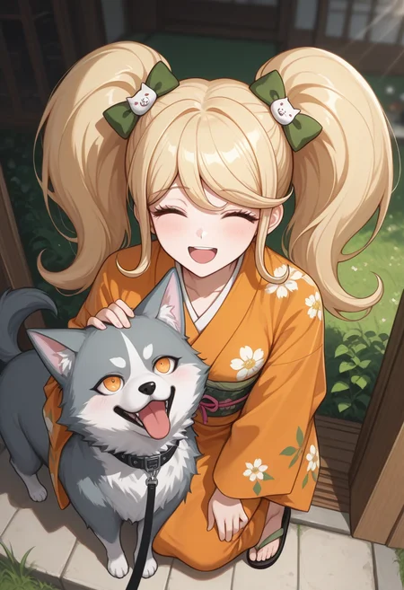 masterpiece, <lora:MoriiMee_Gothic_Niji_Style_Illustrious_r1:1>, artist:moriimee , (grunge_anime), masterpiece , prideful expression , danganronpa_(series), danganronpa_2:_goodbye_despair, saionji_hiyoko, 1girl, blonde_hair, bow, cat_hair_ornament, collarbone, floral_print, green_bow, hair_bow, hair_ornament, japanese_clothes, kimono, long_hair, long_sleeves, orange_eyes, orange_kimono, sandals, shoes, twintails, wide_sleeves, zouri , dog, black leash, fluffy, gray fur, pink tongue, closed eyes, green grass, blurry background, bright sunlight, daytime, summer, happy, smiling, close-up, shallow depth of field