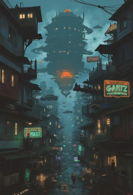Art by Alejandro Burdisio, Floating Chaos, buildings, cars, people, nothing obeys gravity anymore. They hover, weightless, like forgotten memories. gantz-advancedsuit, osaka \(city\), doutonbori, midnight, neon sign, gantz advanced suit, orange sphere in background, highly detailed, high budget, cinemascope, moody, epic, gorgeous, film grain, grainy, Jagged rips in space-time, pulsating with the sickly glow of neon orange, electric blue, or radioactive green, synthetic mist, hiding secrets, silhouettes, and the occasional ghost of the old world. pscho_4rt, surreal, abstract, glitch effects
