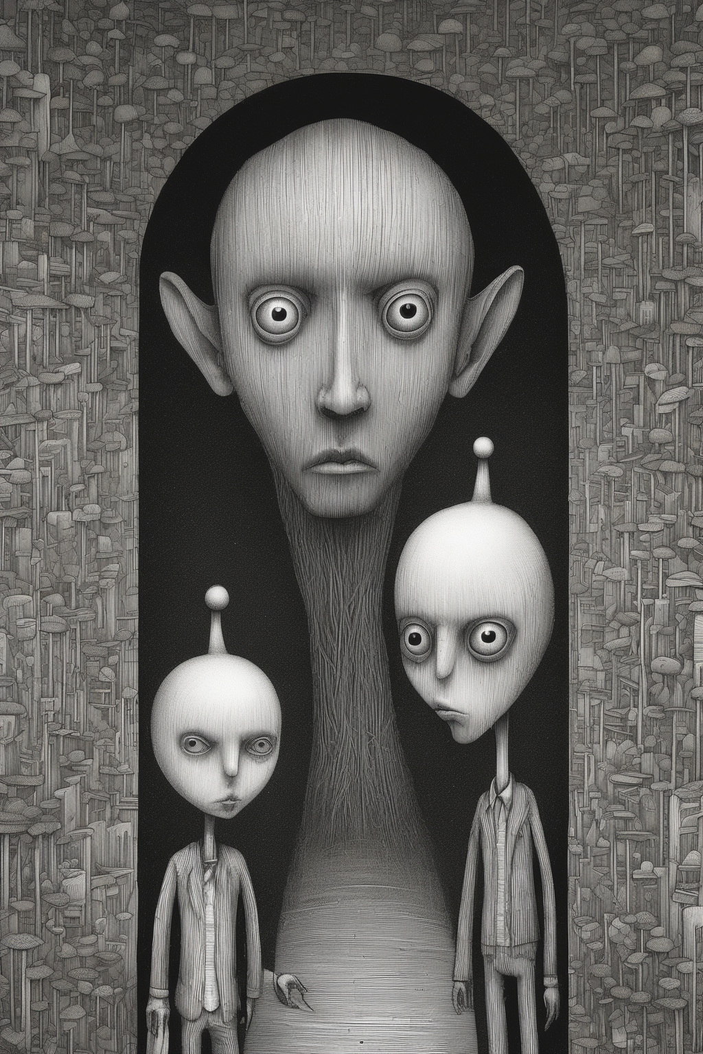 John Kenn Mortensen Style - style of Junji Ito and Naoto Hattori, Stanley Donwood left right straight twins primitive art