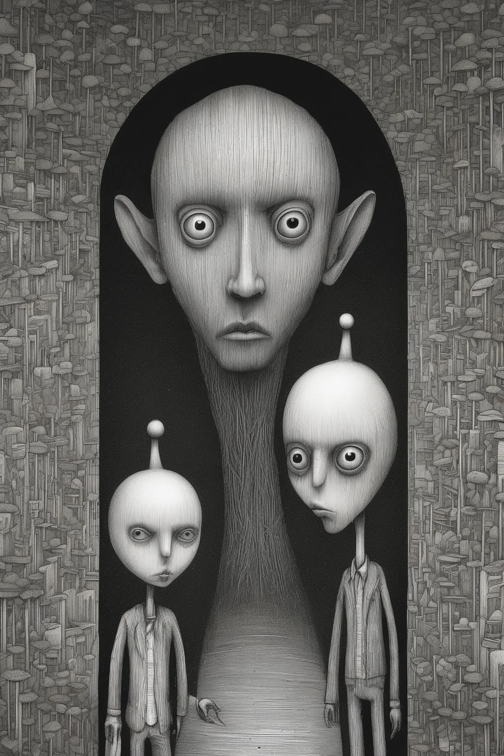 John Kenn Mortensen Style - style of Junji Ito and Naoto Hattori, Stanley Donwood left right straight twins primitive art