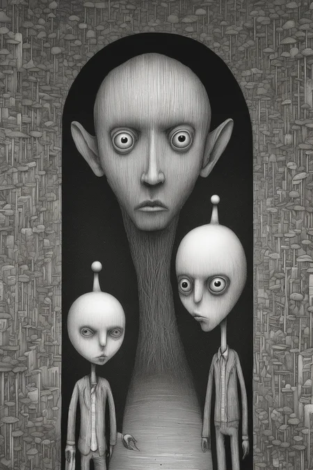 John Kenn Mortensen Style - style of Junji Ito and Naoto Hattori, Stanley Donwood left right straight twins primitive art