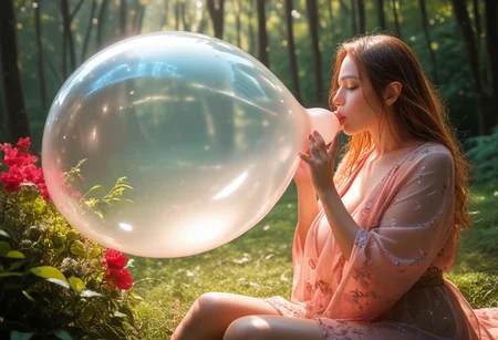 score_9, score_8_up, score_7_up, rating_questionable, cinematic lighting, soft lighting, steamy, depth of field, vibrant color, colorful, 
yound and cute, a elf in a fantastical realm,magical, (((blowing up a huge balloon,overinflating))), see through silk robe, erect nipples visible under robe, detailed areolae under robe, beautiful, beauty, sitting in flowers, ivy entangled on thighs, large leaf, large teardrop breast, flowers, forest, sunshine, bokeh, depth of field, sunshine backlighting the balloon and shining through her robe.