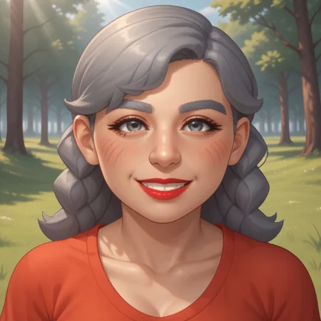 score_9, score_8, BREAK, solo, mii, wii u, gray hair, female mii, 1girl, old woman, wii sports club, gray eyebrows, gray eyes, big nose, blush, facial features, red lips, lipstick, smile, teeth, red clothing, white pants, flip flops, Joana_(\Wii_Sports_Club\), cute, medium breasts, Nintendo Mii, modern_mii, classic_mii, sexy pose, smile, outdoors, sunlight, shadows, evening lighting, natural lighting, forest, trees, grass, orange sky, sunset