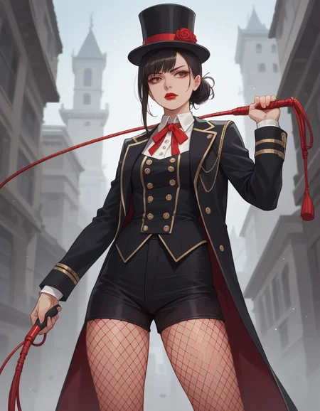 score_9, score_8_up, score_7_up, score_6_up, score_5_up, score_4_up, source_anime, 1girl, solo, black hair updo, lipstick, hud_vtg_yllo,  black shorts, long sleeve red sequin jacket, buttons, top hat, neck ribbon, fishnet pantyhose, high heel boots,<lora:ringmaster-000008:0.7>, holding a leather whip