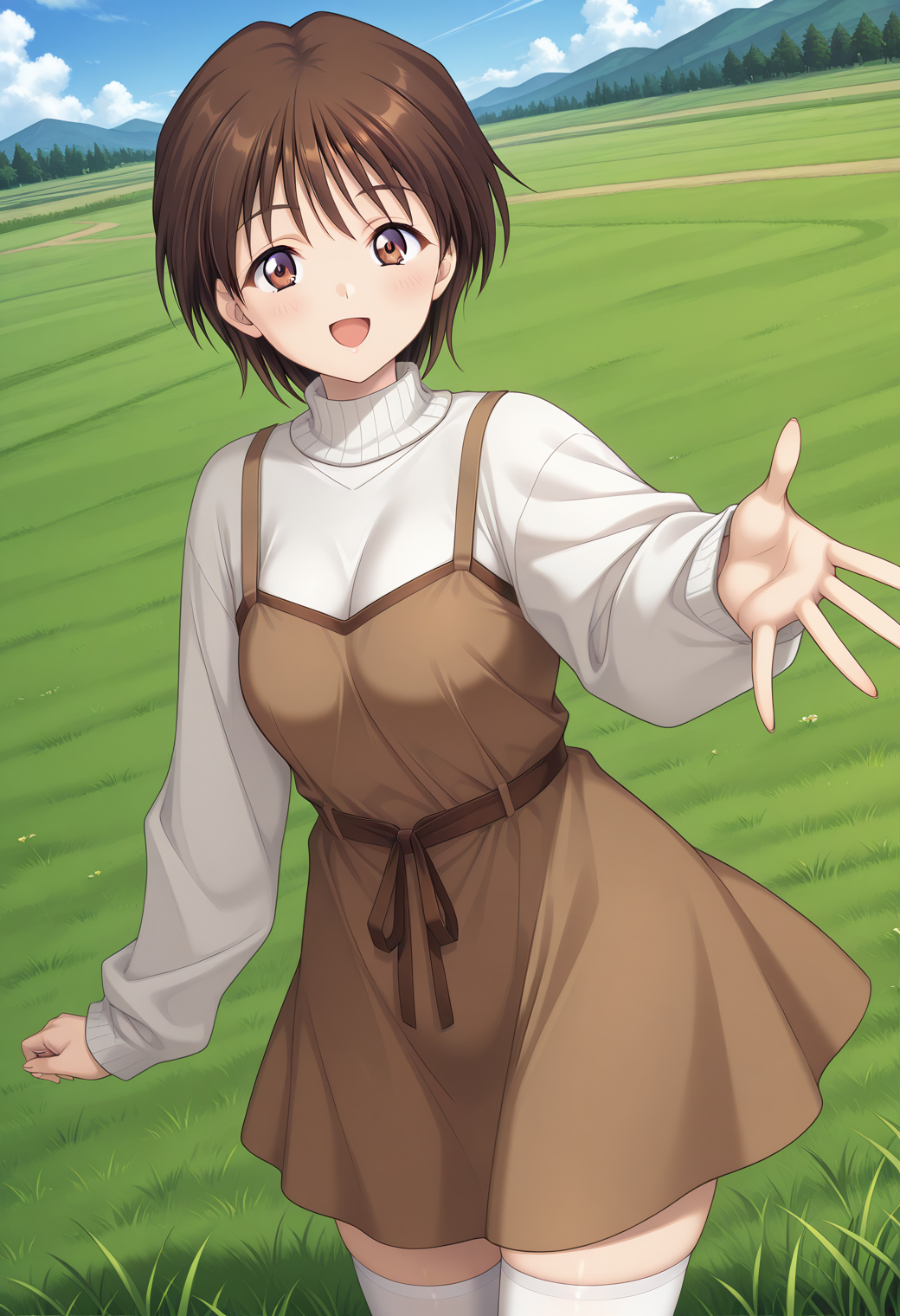 kuon_shiori, brown eyes, brown hair, short hair, pinafore dress, turtleneck, sweater, long sleeves, brown skirt, white thighhighs, zettai ryouiki, <lora:kuon_shiori_illustrious_ver1:0.8> 
smile, open mouth,, 1girl, solo, blue sky, (grasslands:1.2), looking at viewer,, masterpiece, best quality, general,, (cowboy shot, dynamic pose:1.4),