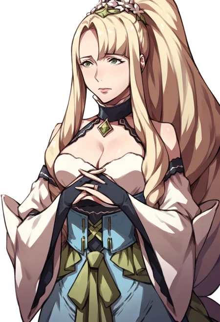 score_9, score_8_up, score_7_up, source_anime, 1girl, own hands together, <lora:zs_AwakeningPortraitsXL:1> awakeningportraits, portraits, white background, <lora:feeve-pdxl-nvwls-v1:1> feEve, very long hair, hair flower, choker, cleavage, white dress, blue corset, white skirt, detached sleeves, bridal gauntlets, long dress, big breasts, mature female